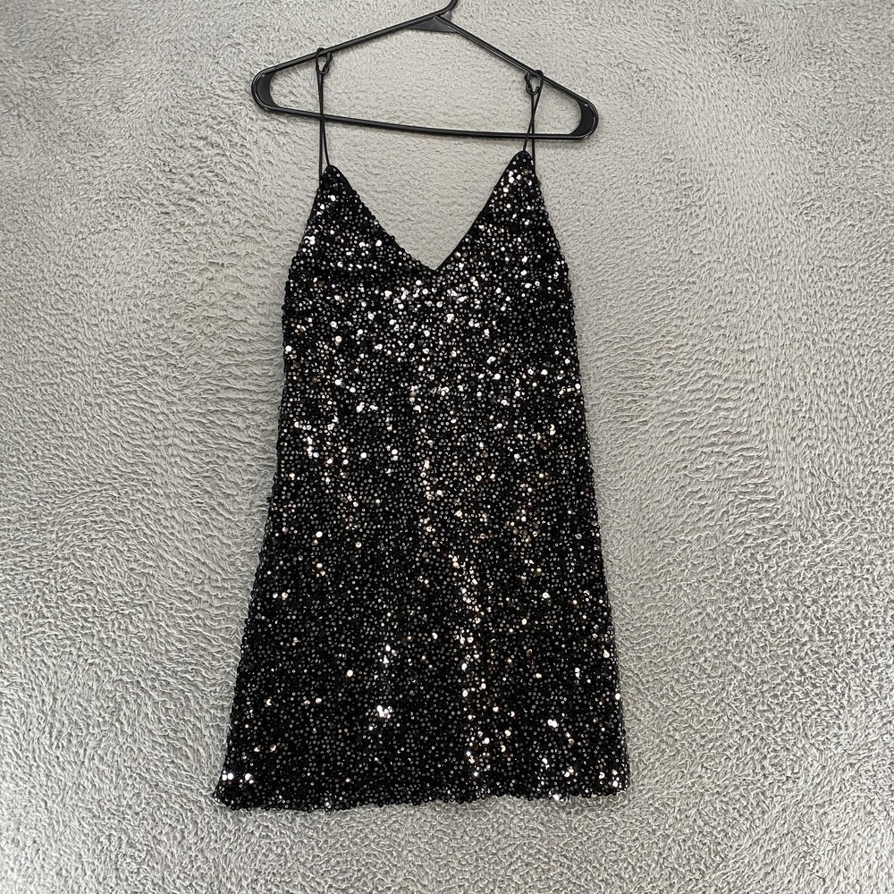 Lulus Sequin Slip Dress Womens Small Black V Neck Mini Party Cocktail NYE